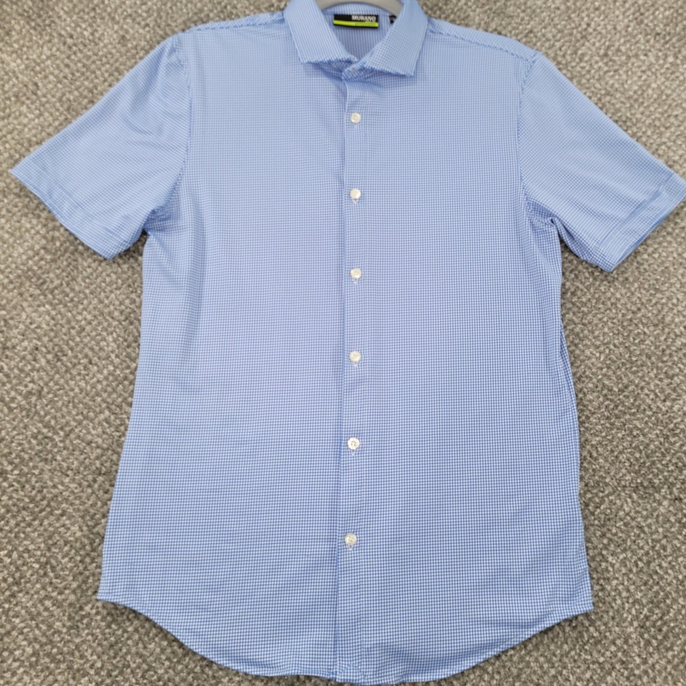 Murano Performance Mens Slim Fit Short Sleeve Button Down Shirt Blue Gingham M